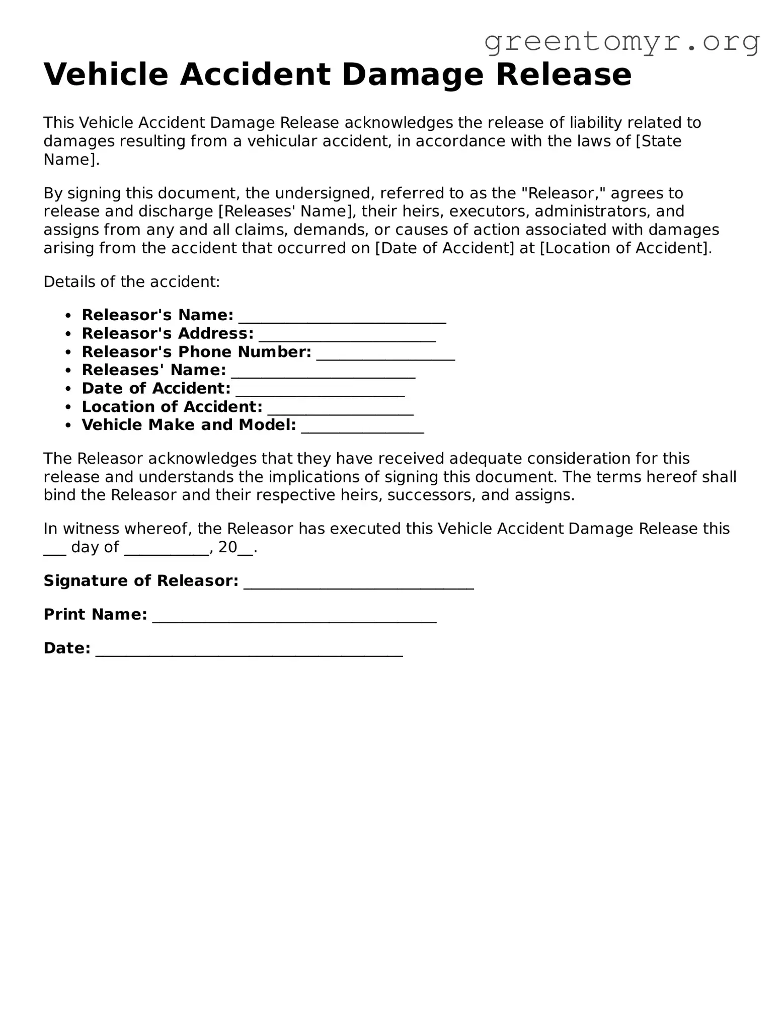 Valid Vehicle Accident Damage Release Form
