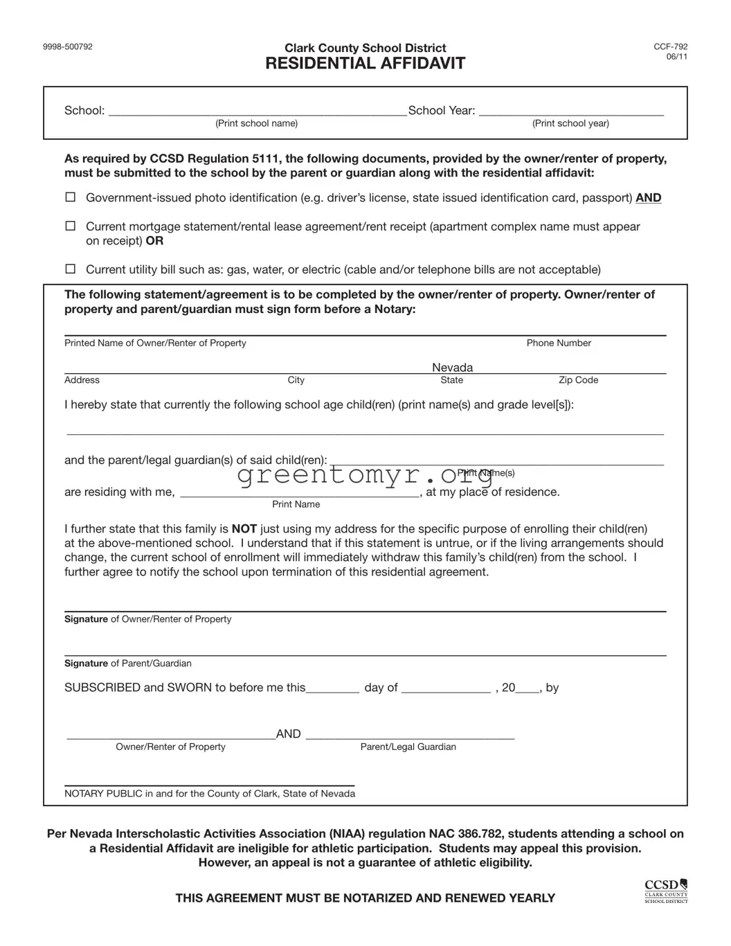Fill in a Valid Ccsd Residential Affidavit Template