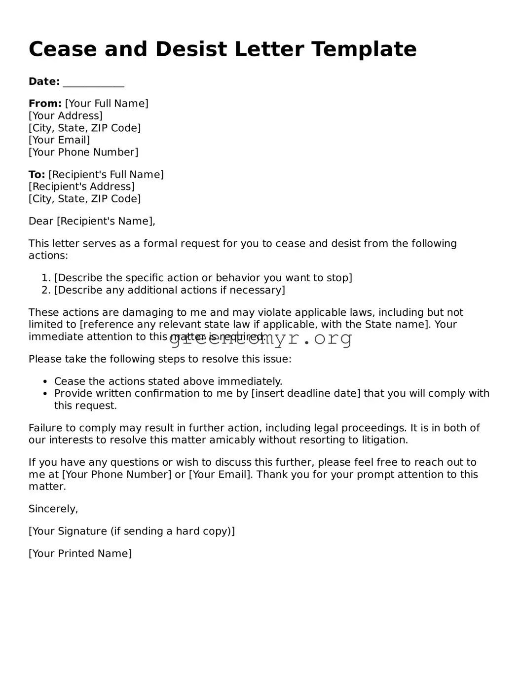 Valid Cease and Desist Letter Form