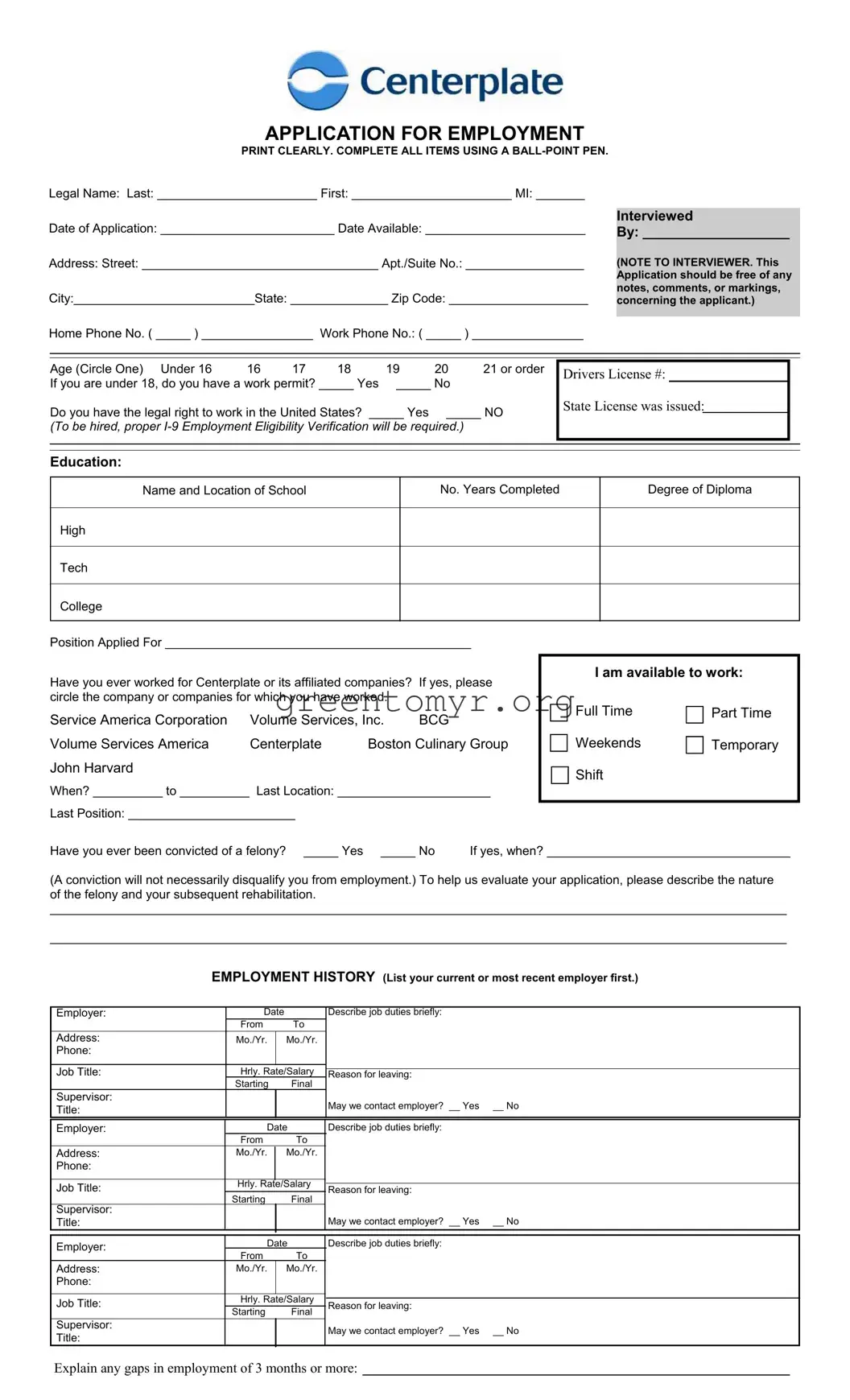 Fill in a Valid Centerplate Application Template
