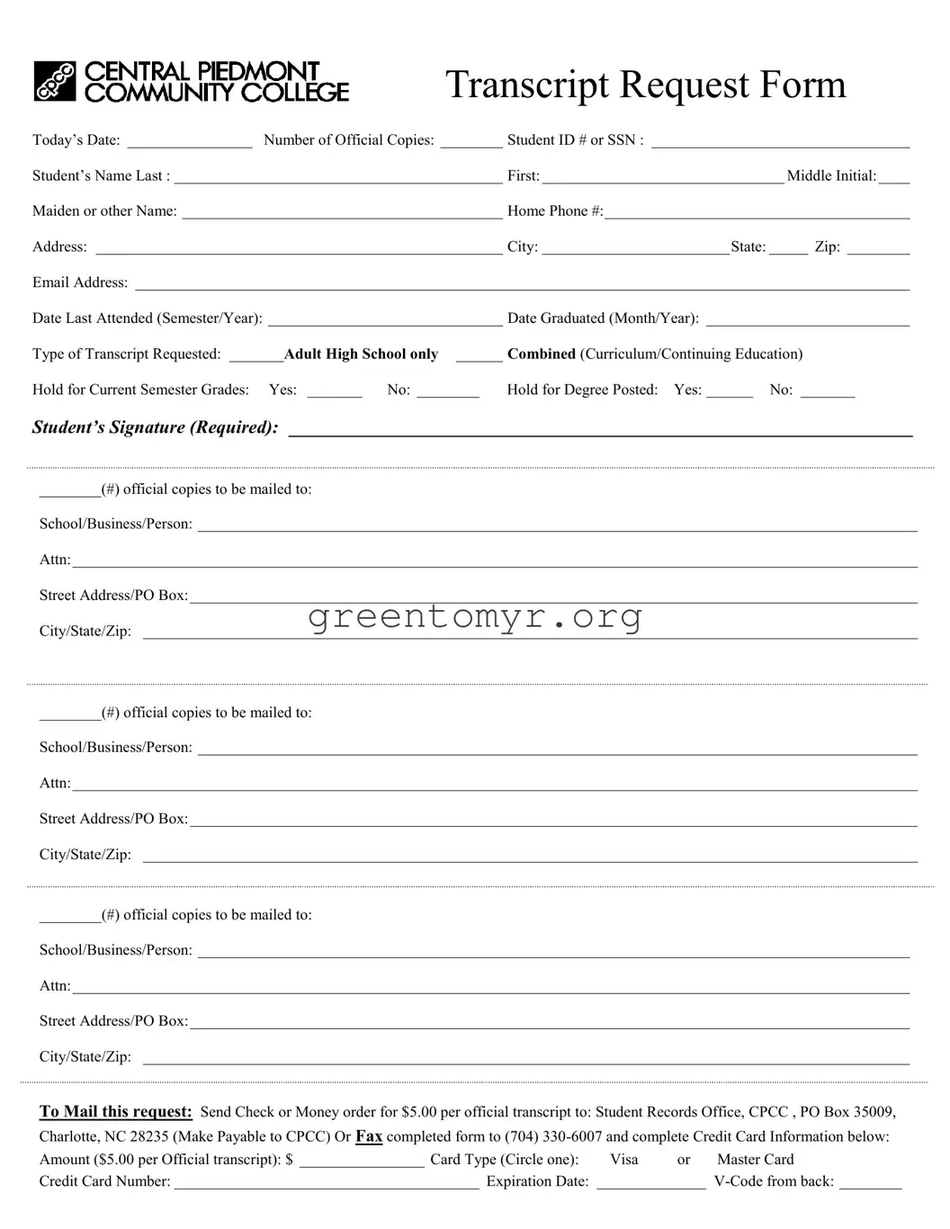 Fill in a Valid Central Piedmont Community College Transcript Template
