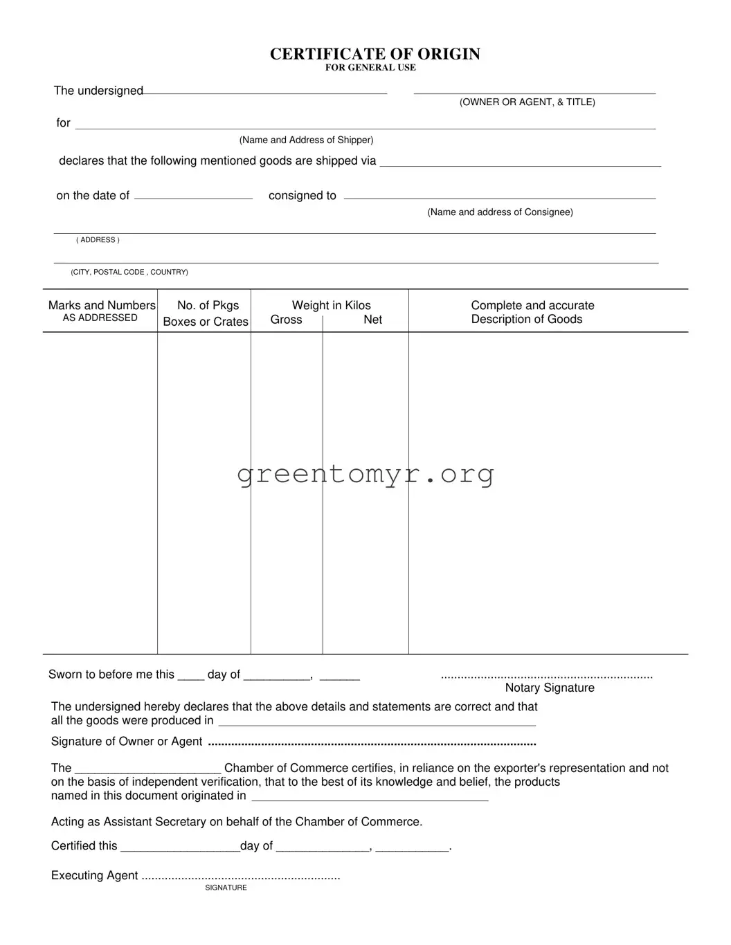 Fill in a Valid Certificate Of Origin Template
