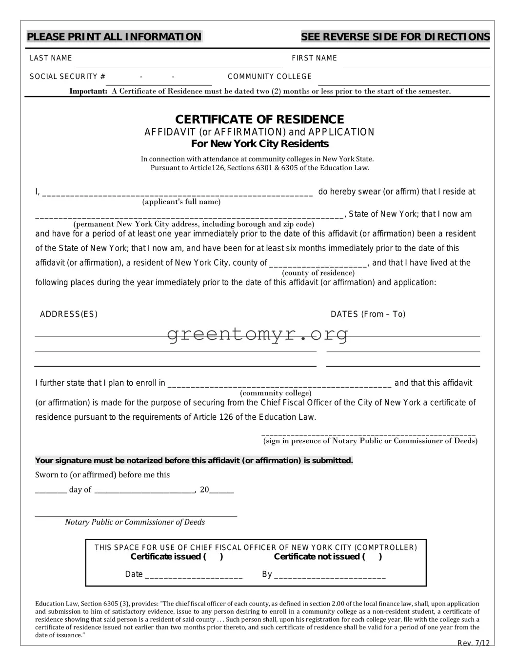 Fill in a Valid Certificate Of Residence Template