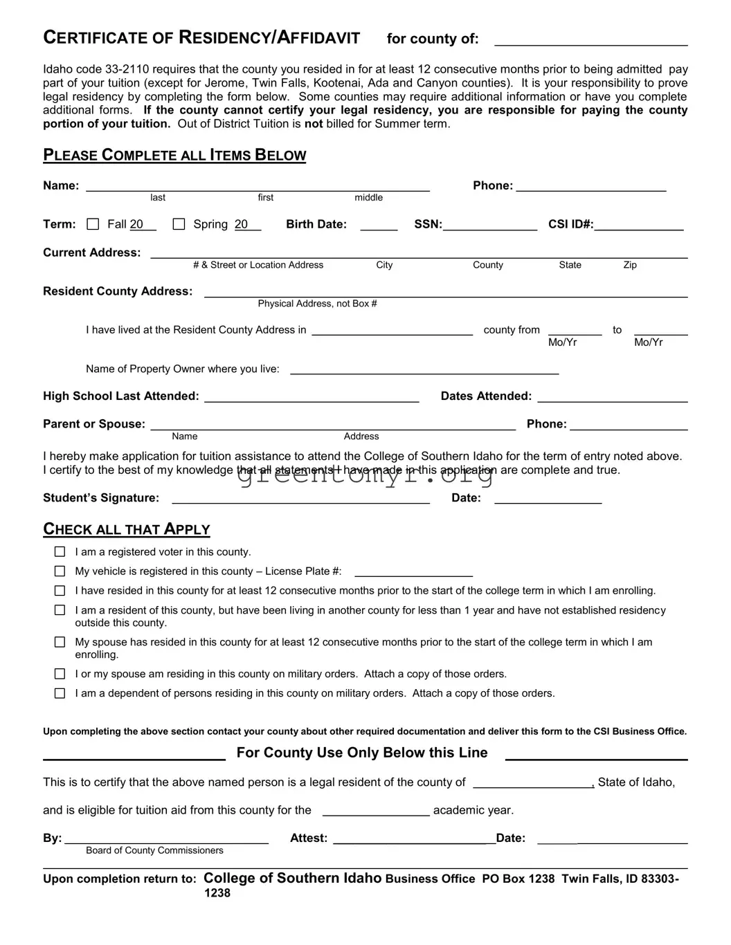 Fill in a Valid Certificate Of Residency Template