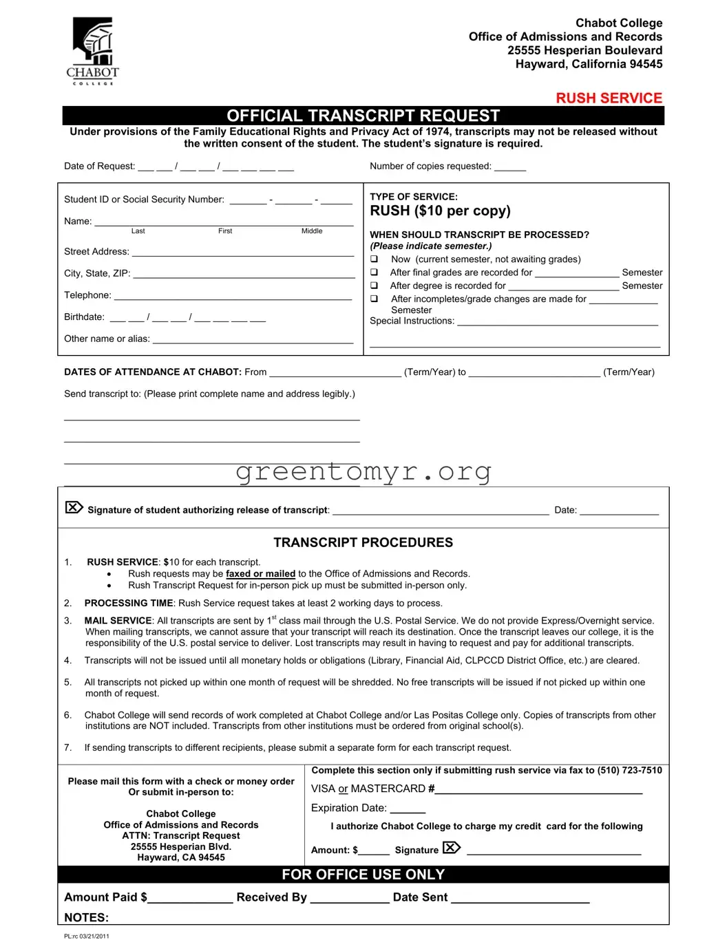 Fill in a Valid Chabot Transcript Request Template