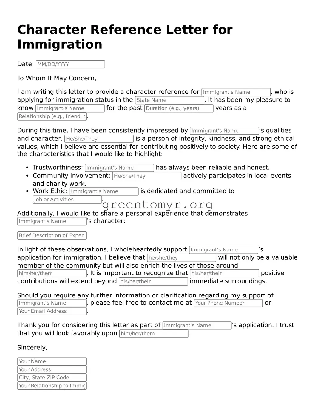 Valid Character Reference Letter for Immigration Form