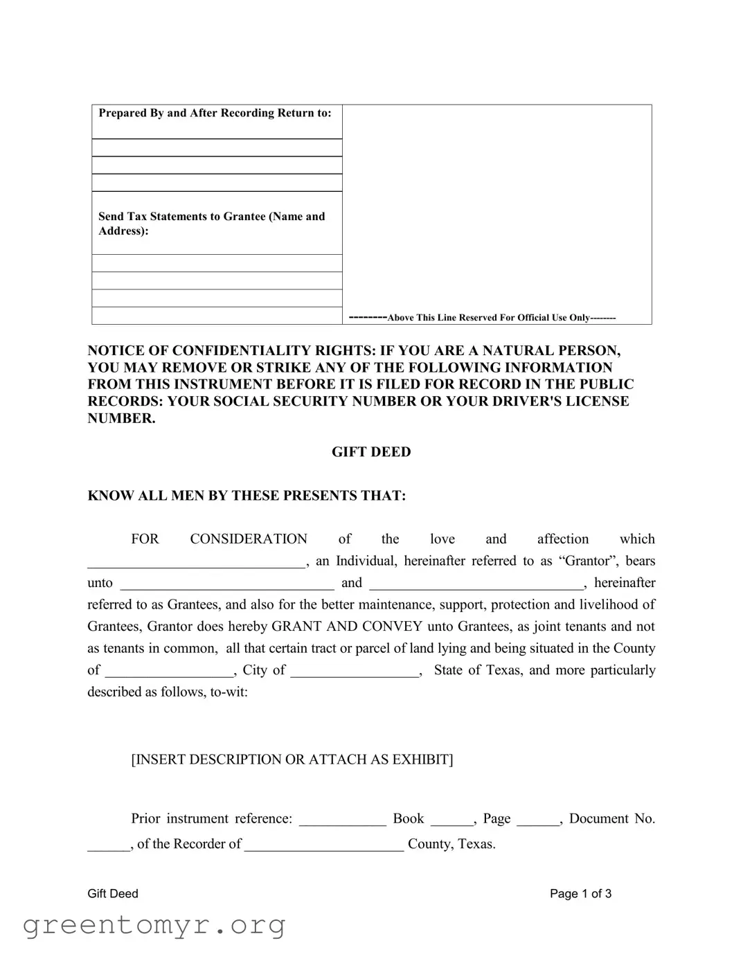Fill in a Valid Gift Deed Texas Template