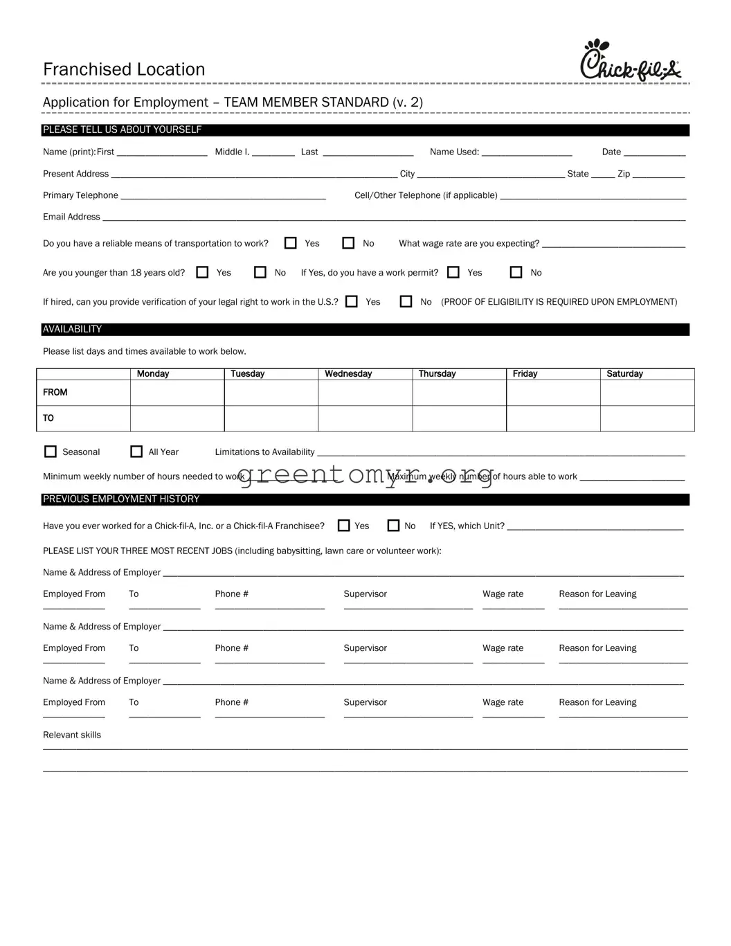Fill in a Valid Chick Fil A Job Application Template