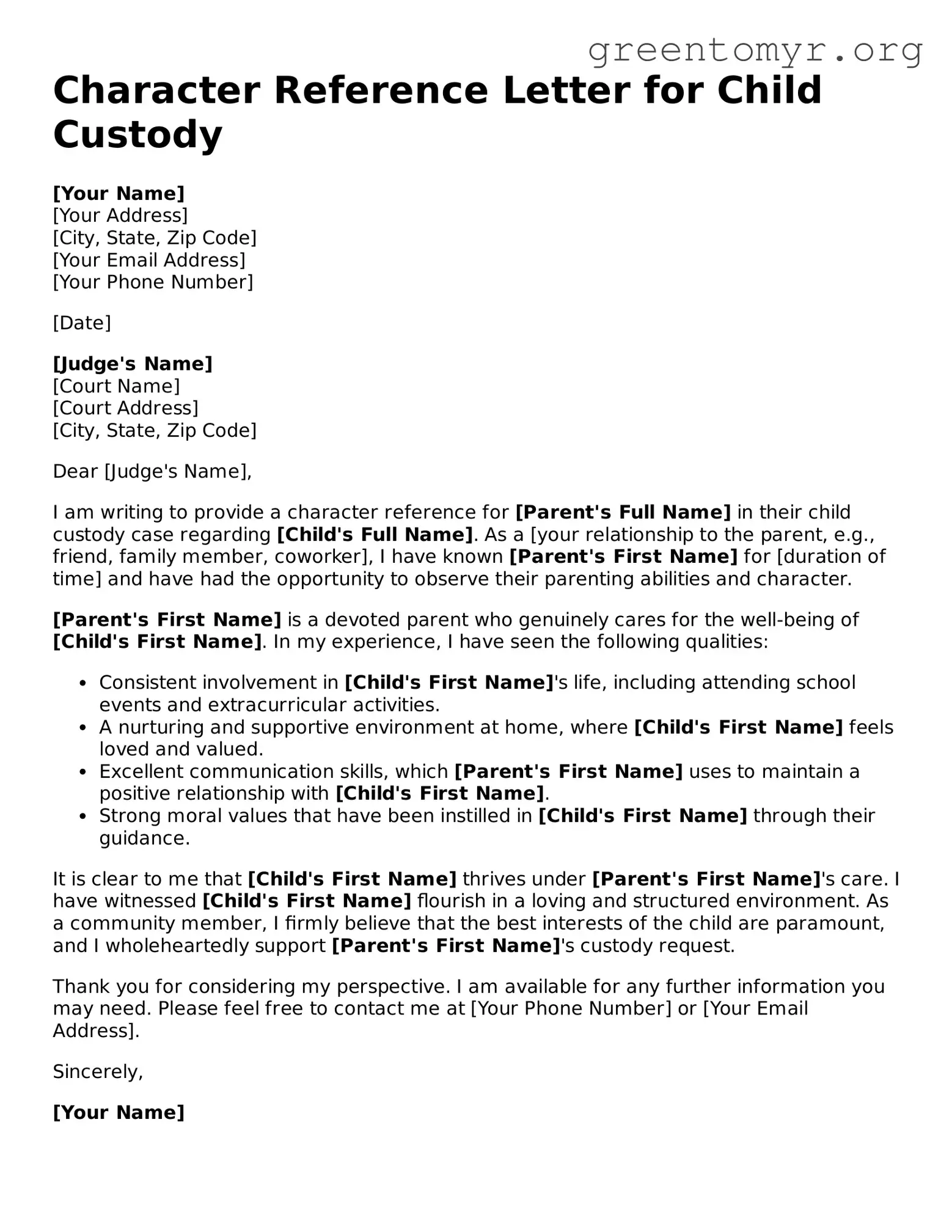 Valid Character Reference Letter for Child Custody Form