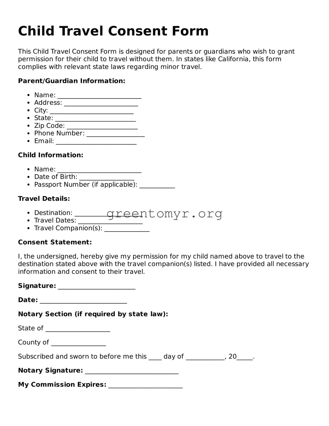 Valid Child Travel Consent Form Form