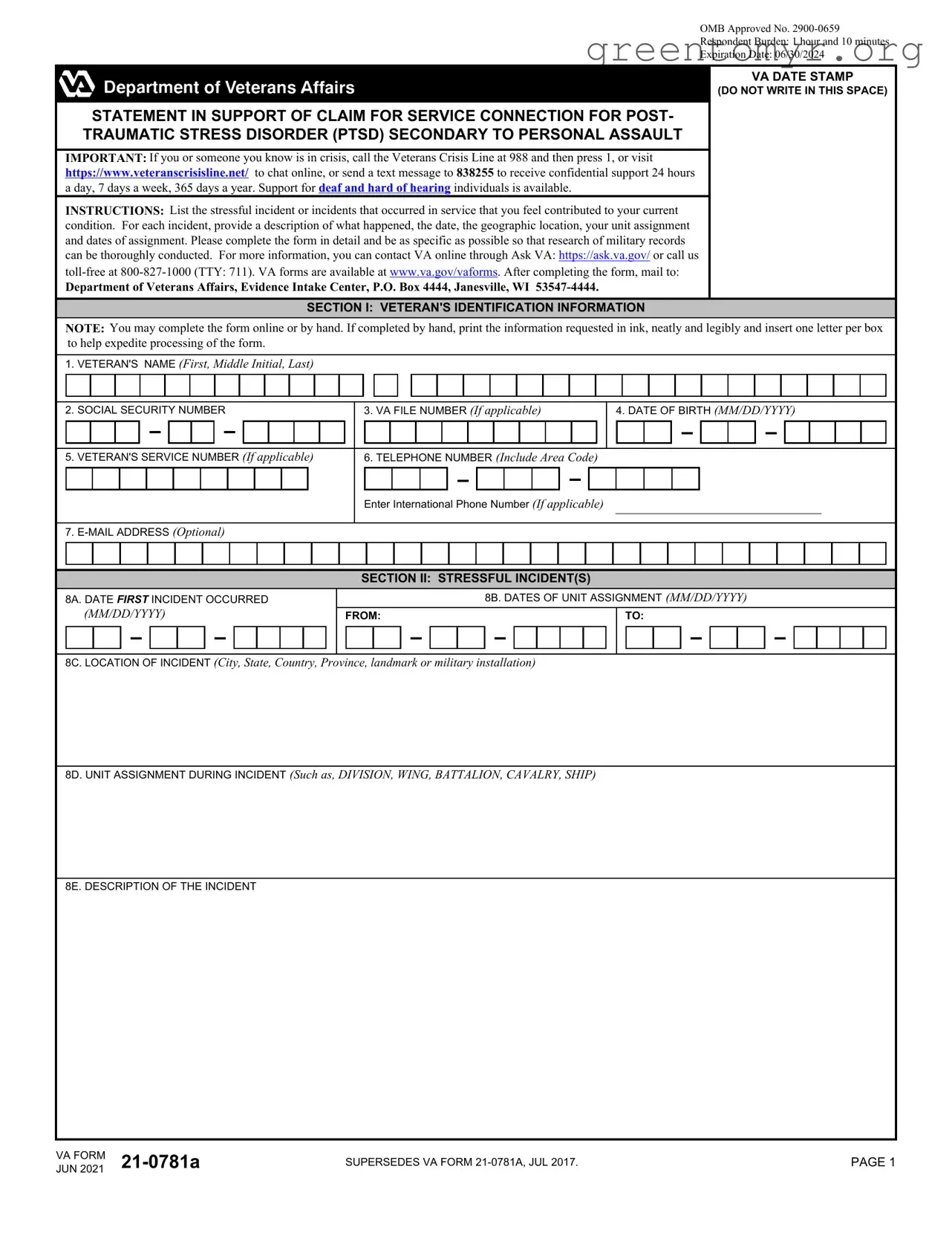 Fill in a Valid Va 21 0781A Template