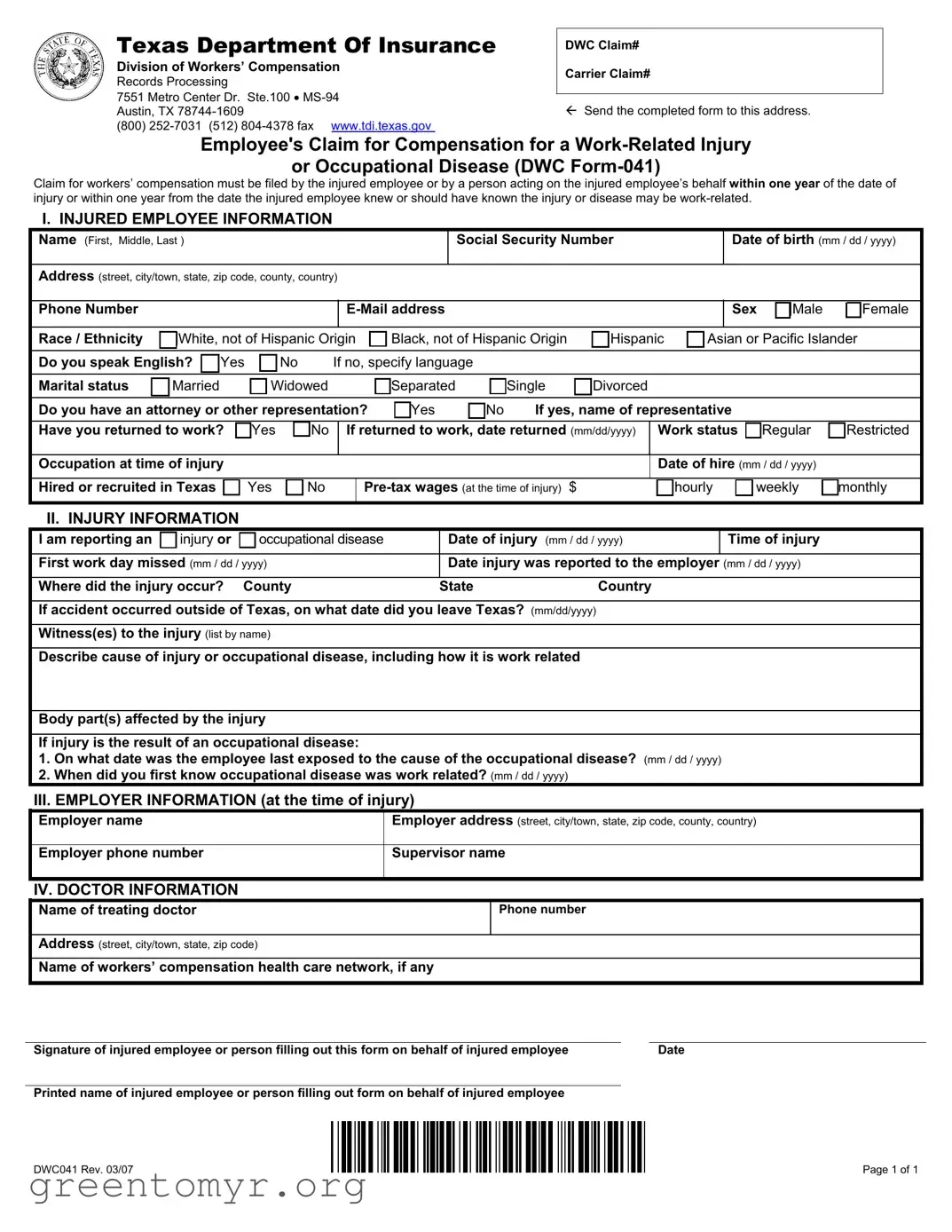 Fill in a Valid Dwc 041 Template