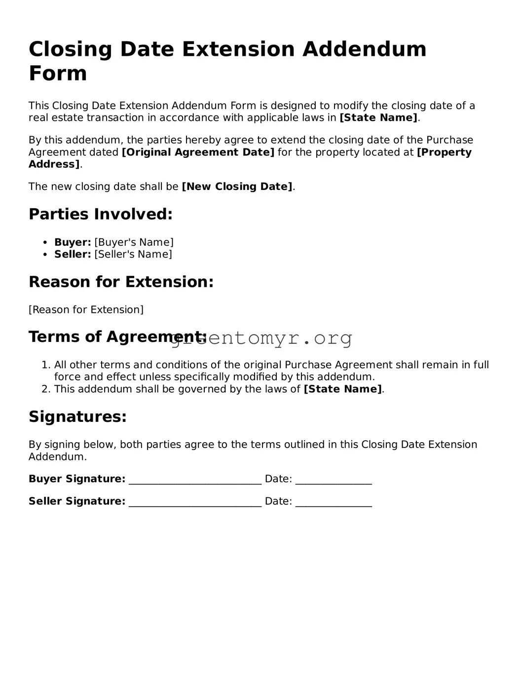 Valid Closing Date Extension Addendum Form Form