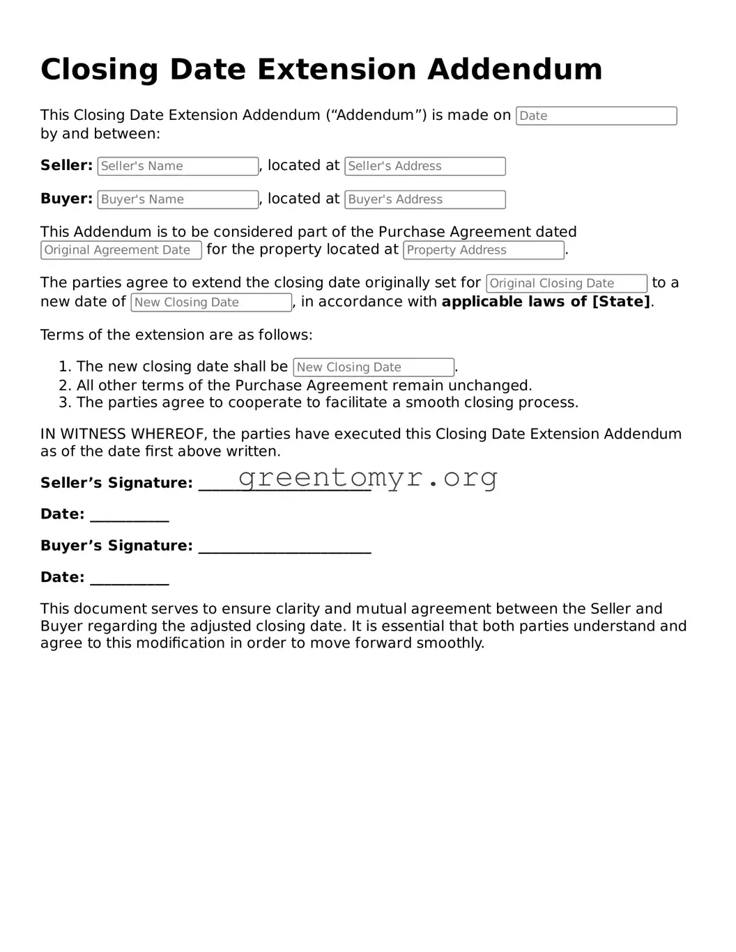 Valid Closing Date Extension Addendum Form