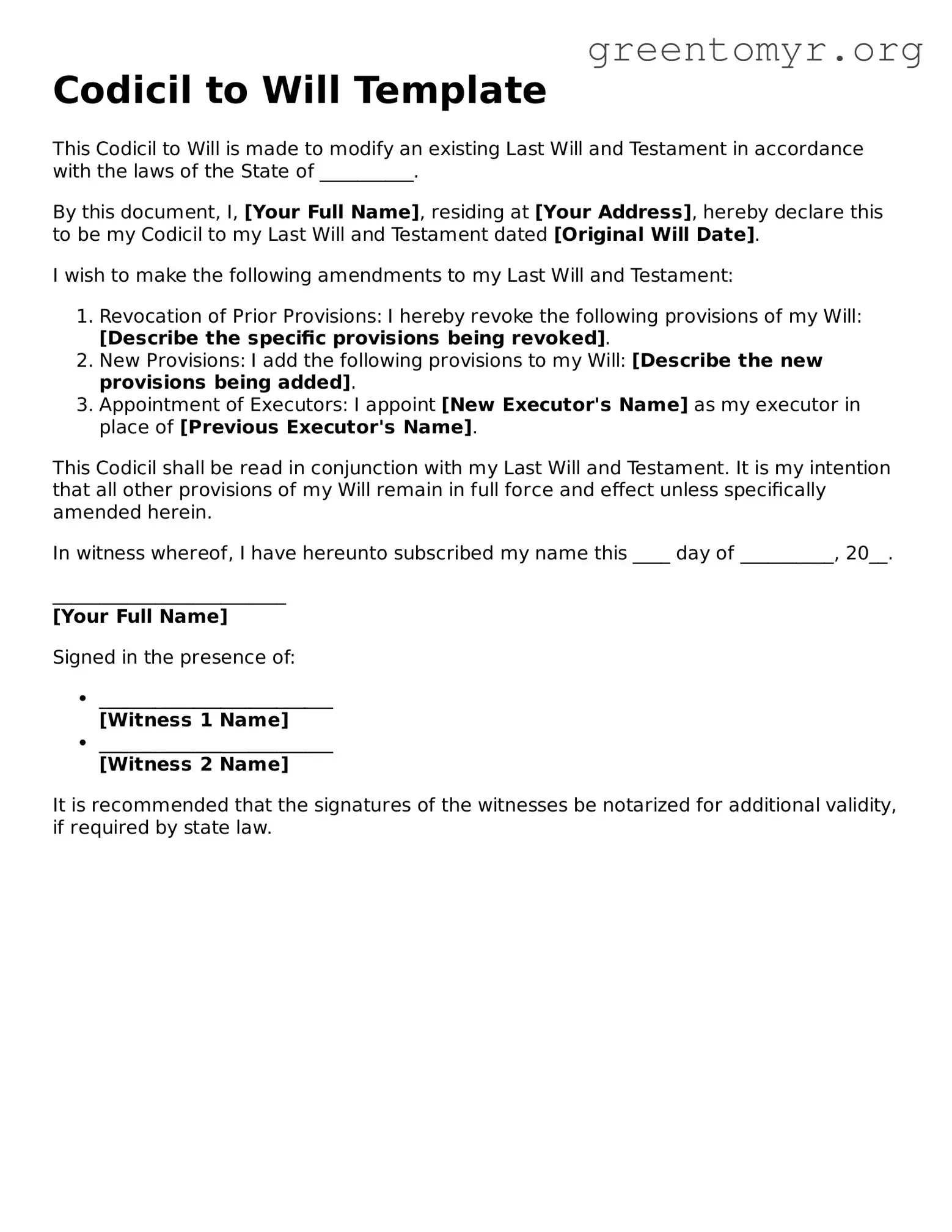 Valid Codicil to Will Form