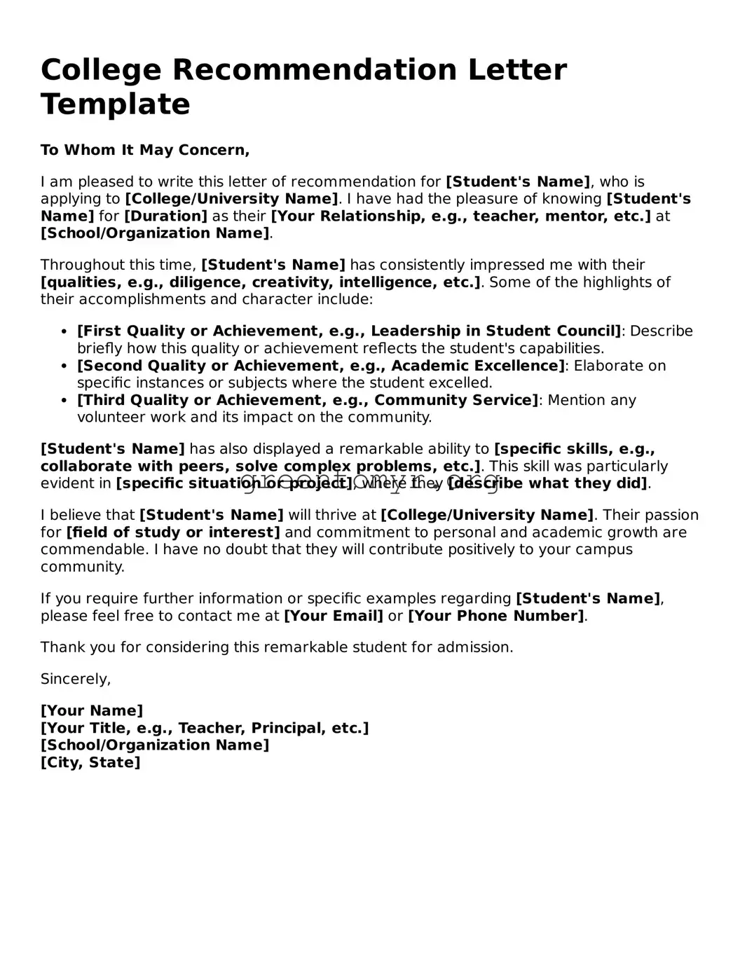Valid College Recommendation Letter Form