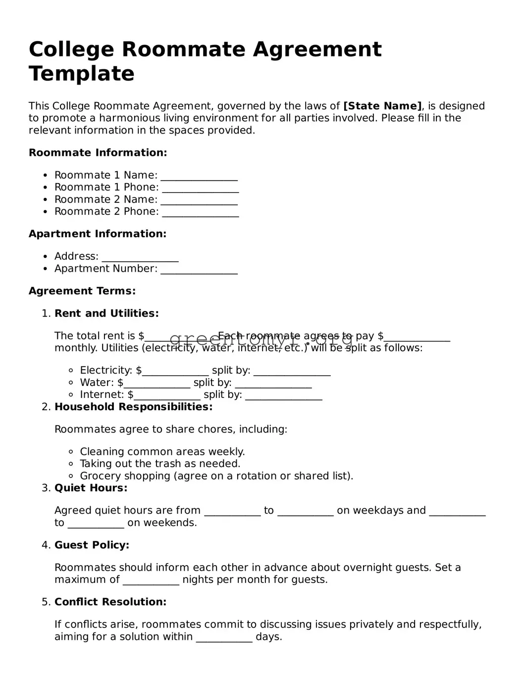 Valid College Roommate Agreement Form