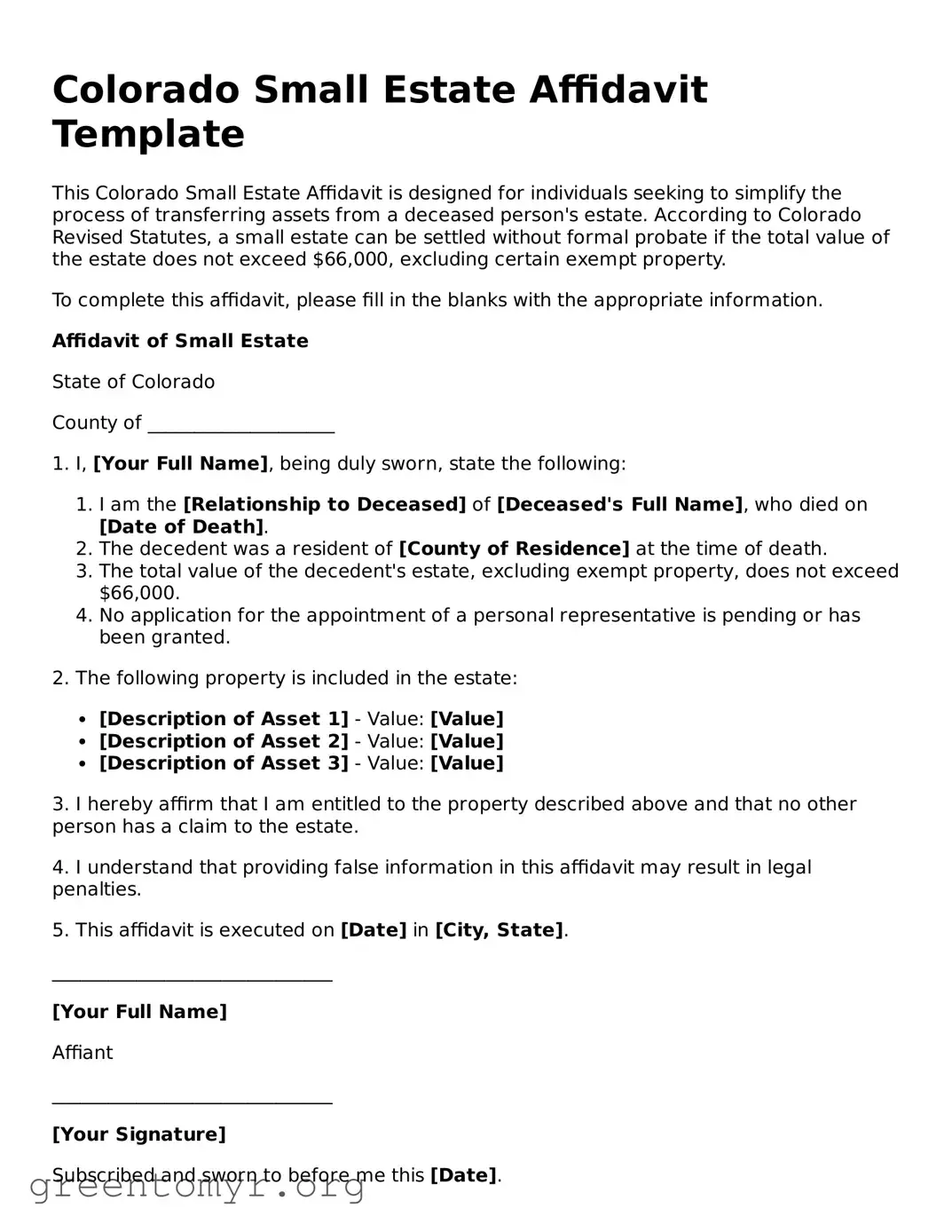 Small Estate Affidavit Form for the State of Colorado