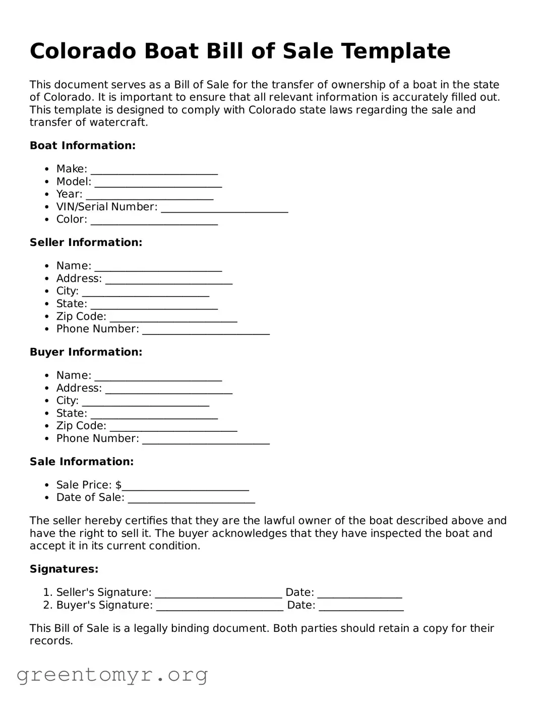 Boat Bill of Sale Form for the State of Colorado