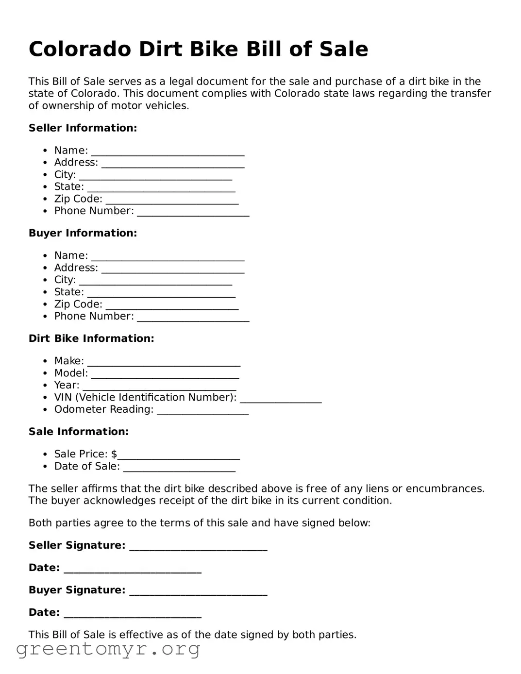 Dirt Bike Bill of Sale Form for the State of Colorado