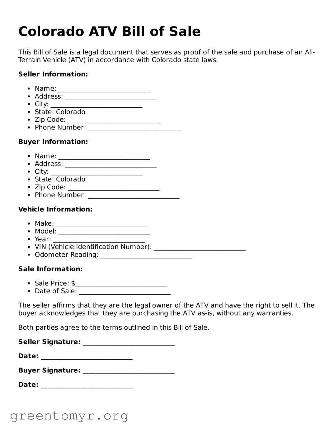 ATV Bill of Sale Form for the State of Colorado