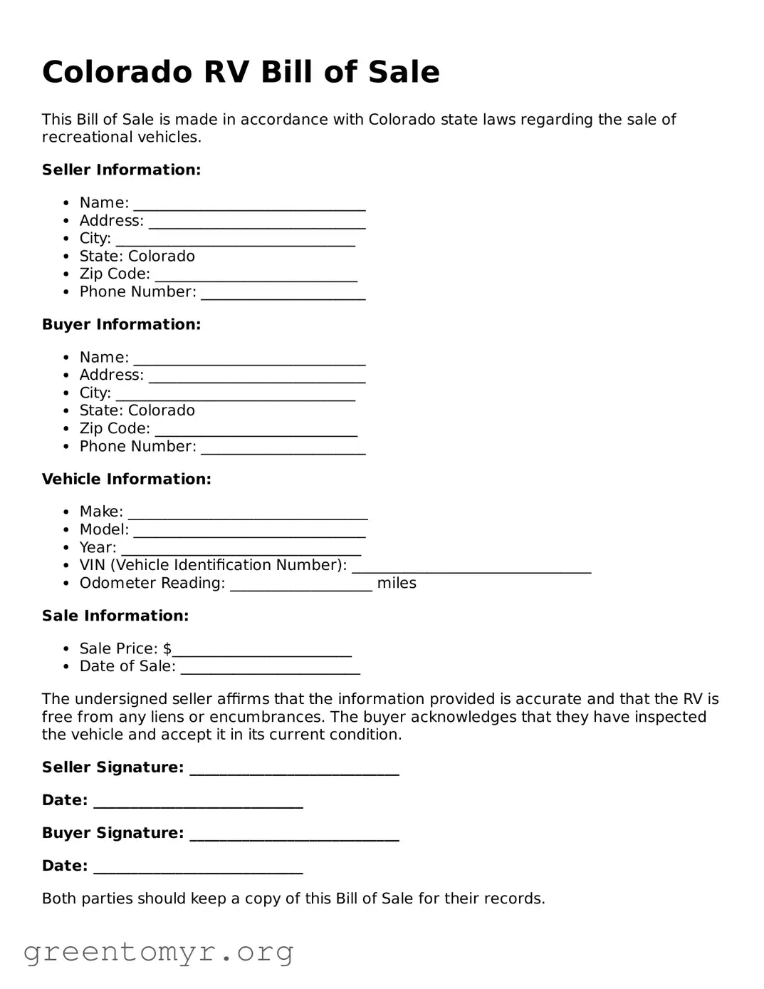 RV Bill of Sale Form for the State of Colorado