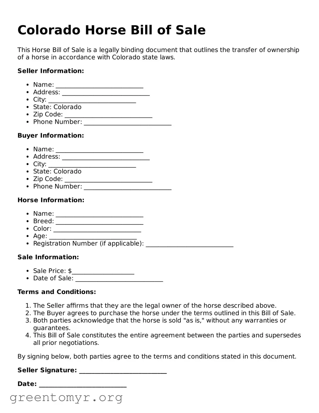 Horse Bill of Sale Form for the State of Colorado