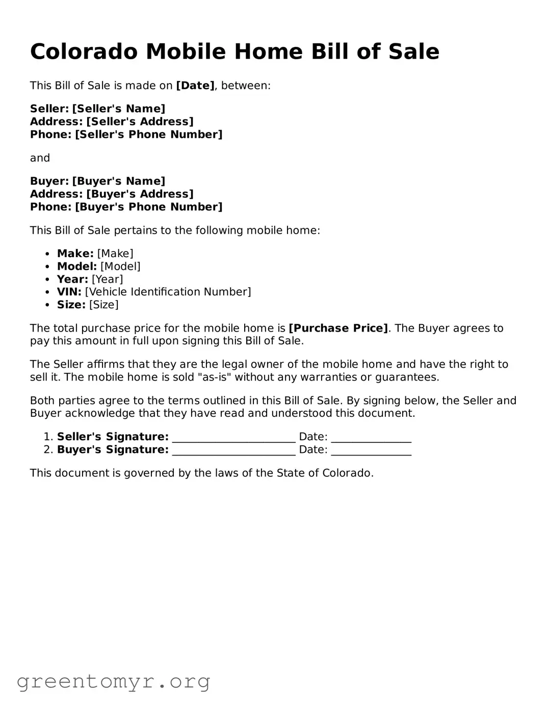 Mobile Home Bill of Sale Form for the State of Colorado