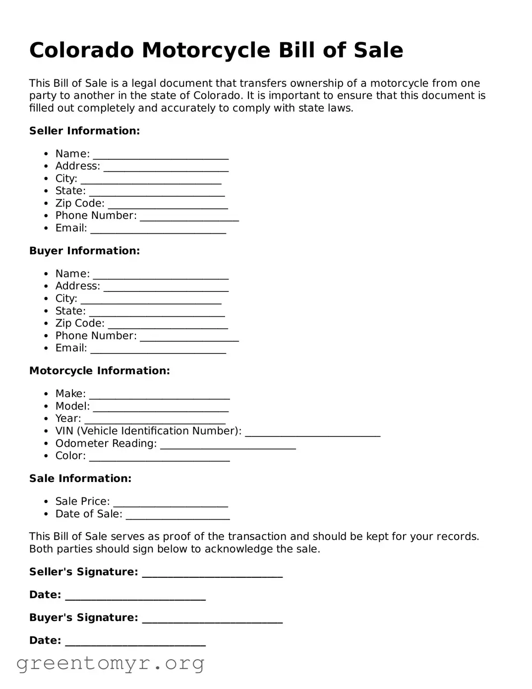 Motorcycle Bill of Sale Form for the State of Colorado