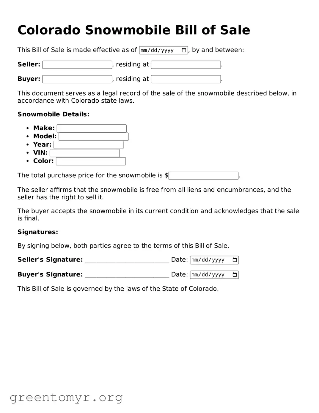 Snowmobile Bill of Sale Form for the State of Colorado
