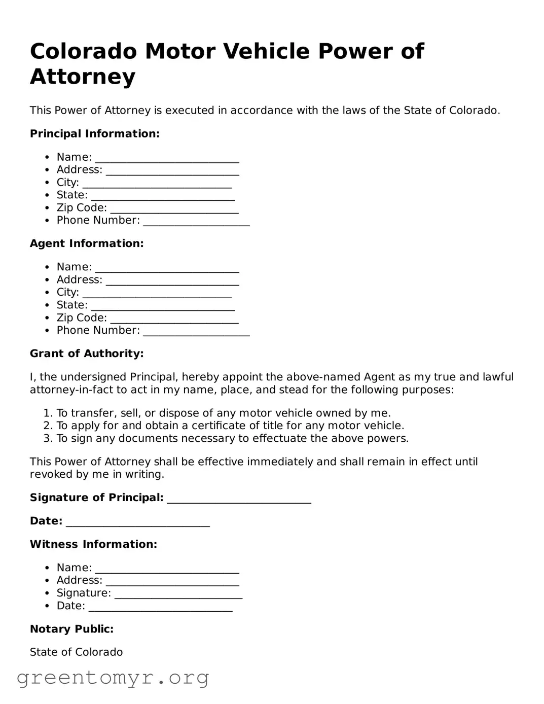 Motor Vehicle Power of Attorney Form for the State of Colorado