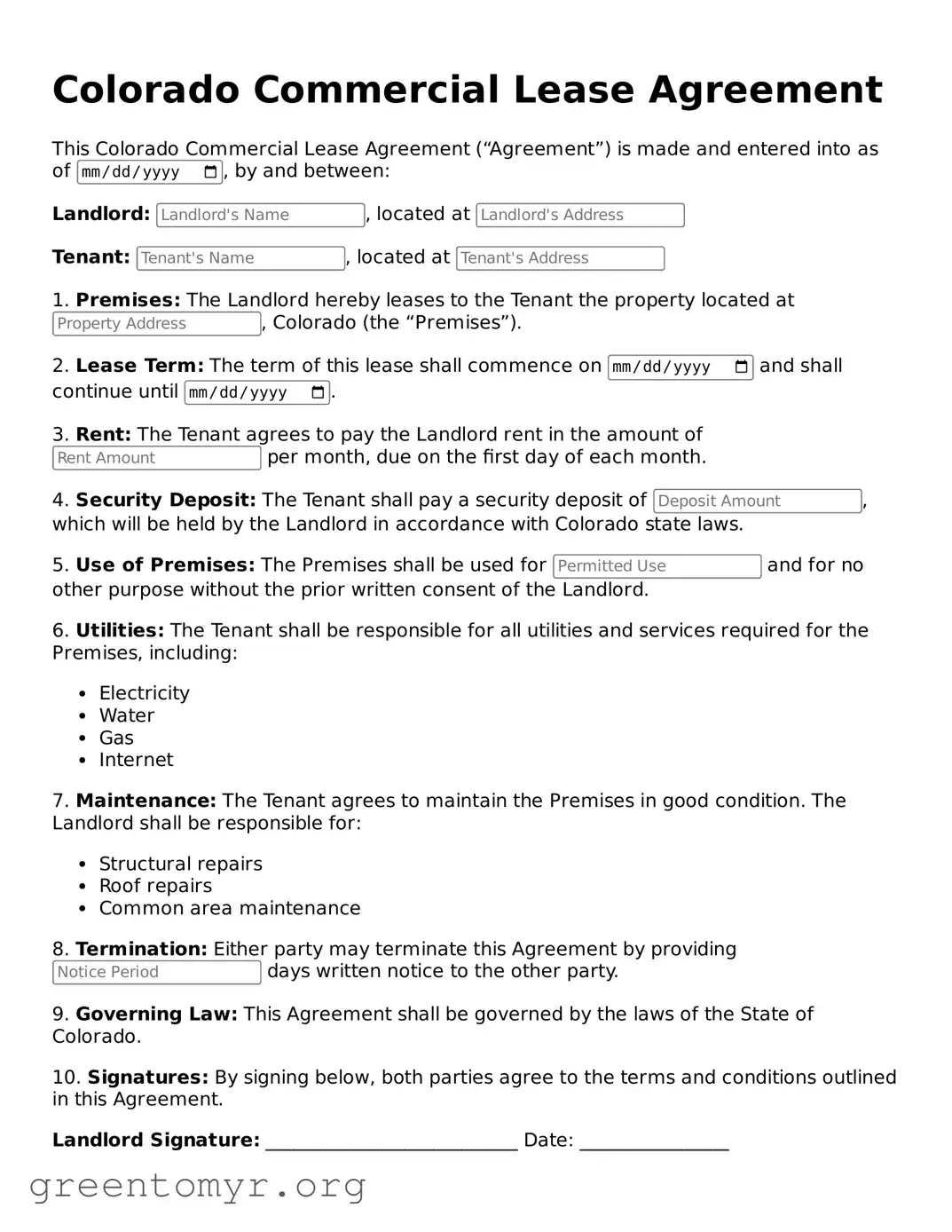 Commercial Lease Agreement Form for the State of Colorado