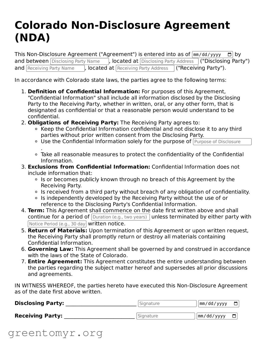 Non-disclosure Agreement Form for the State of Colorado