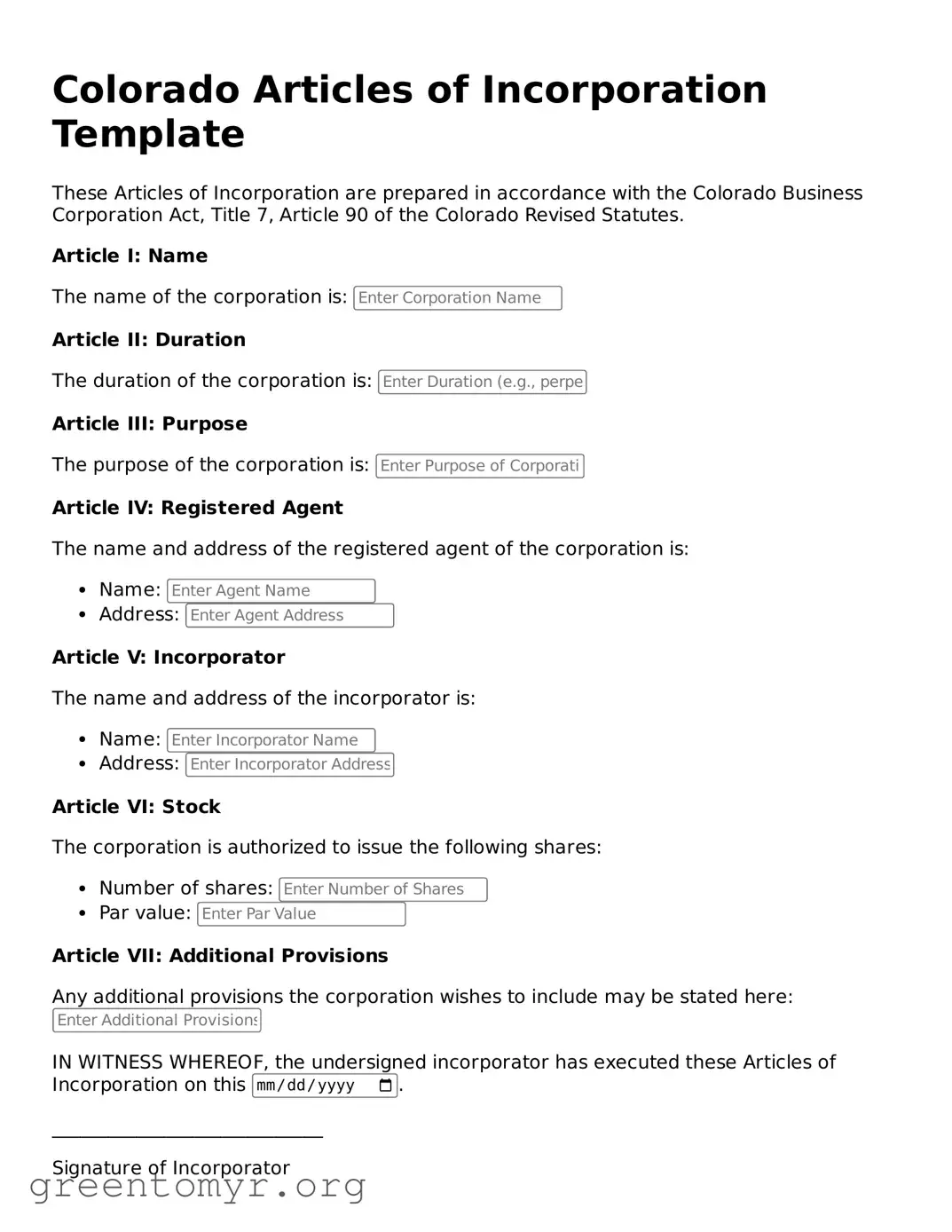 Articles of Incorporation Form for the State of Colorado