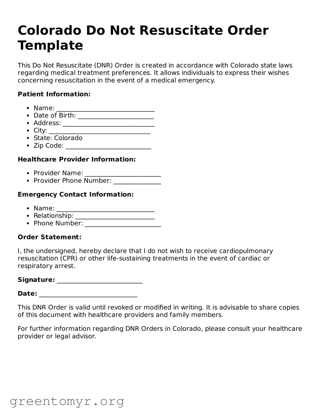 Do Not Resuscitate Order Form for the State of Colorado