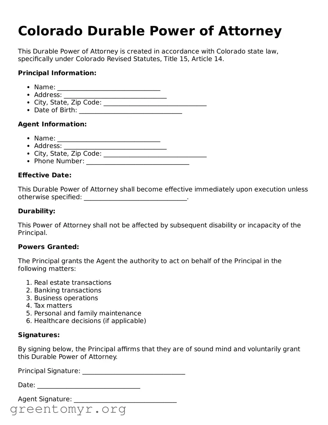 Durable Power of Attorney Form for the State of Colorado