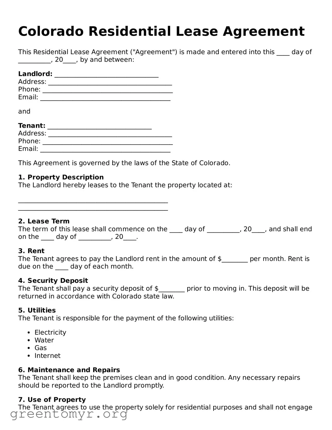Residential Lease Agreement Form for the State of Colorado