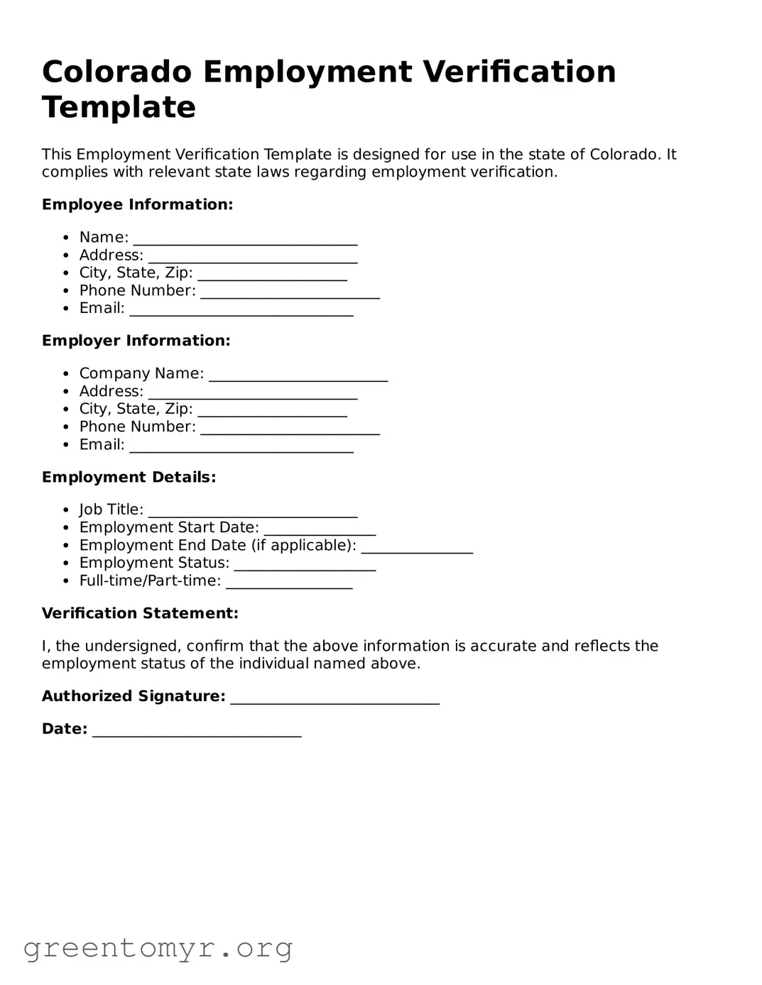 Employment Verification Form for the State of Colorado