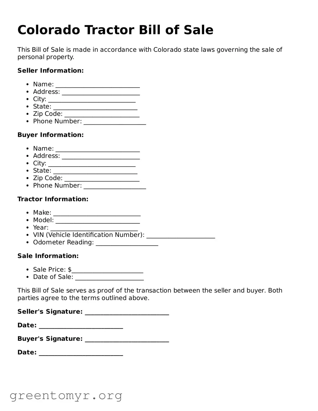 Tractor Bill of Sale Form for the State of Colorado