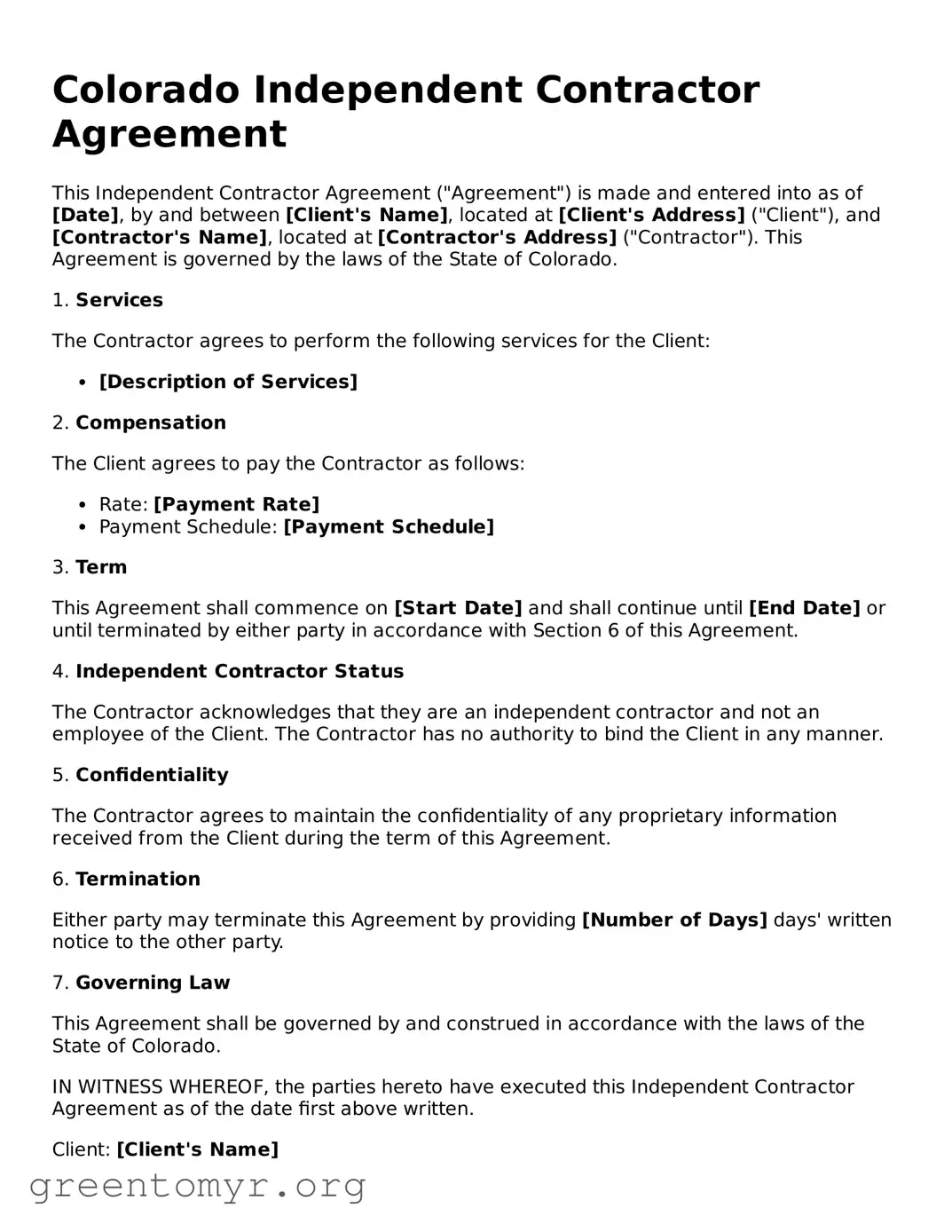 Independent Contractor Agreement Form for the State of Colorado