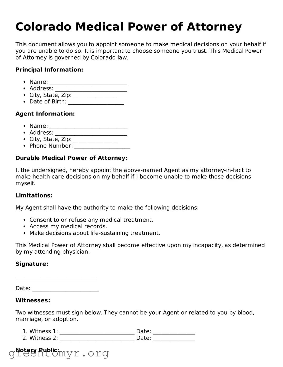 Medical Power of Attorney Form for the State of Colorado