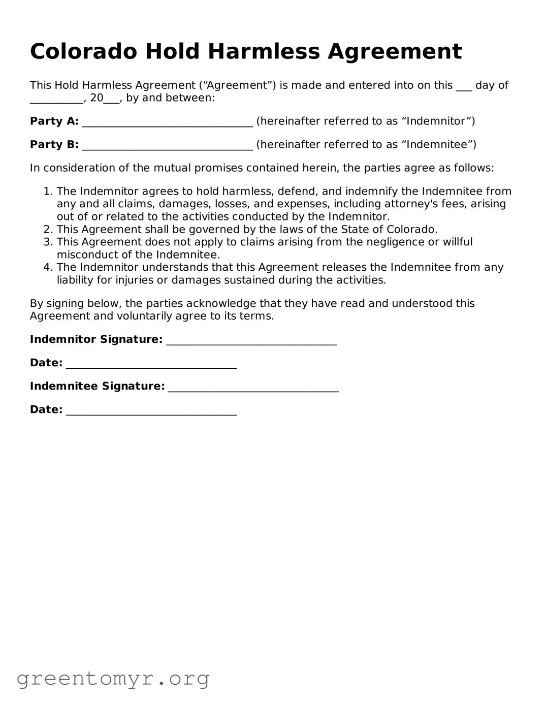 Hold Harmless Agreement Form for the State of Colorado