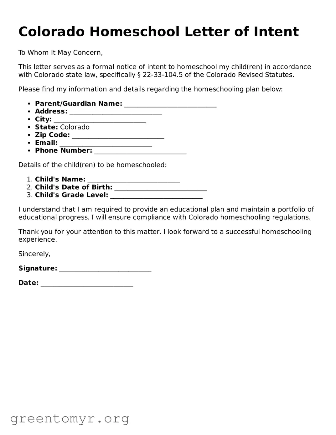 Homeschool Letter of Intent Form for the State of Colorado