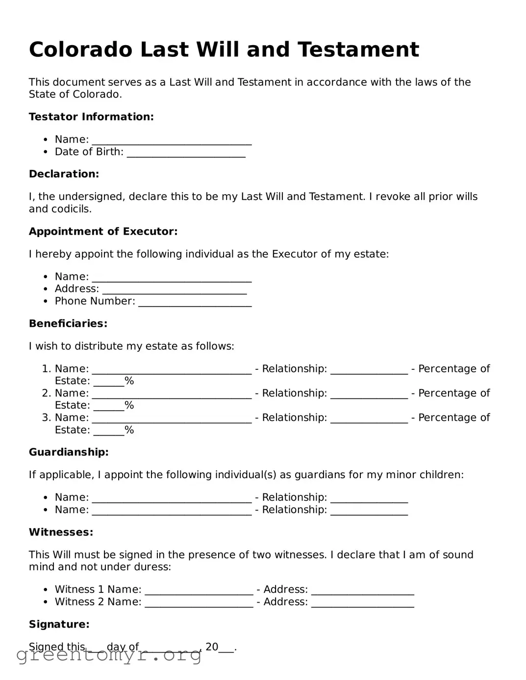 Last Will and Testament Form for the State of Colorado