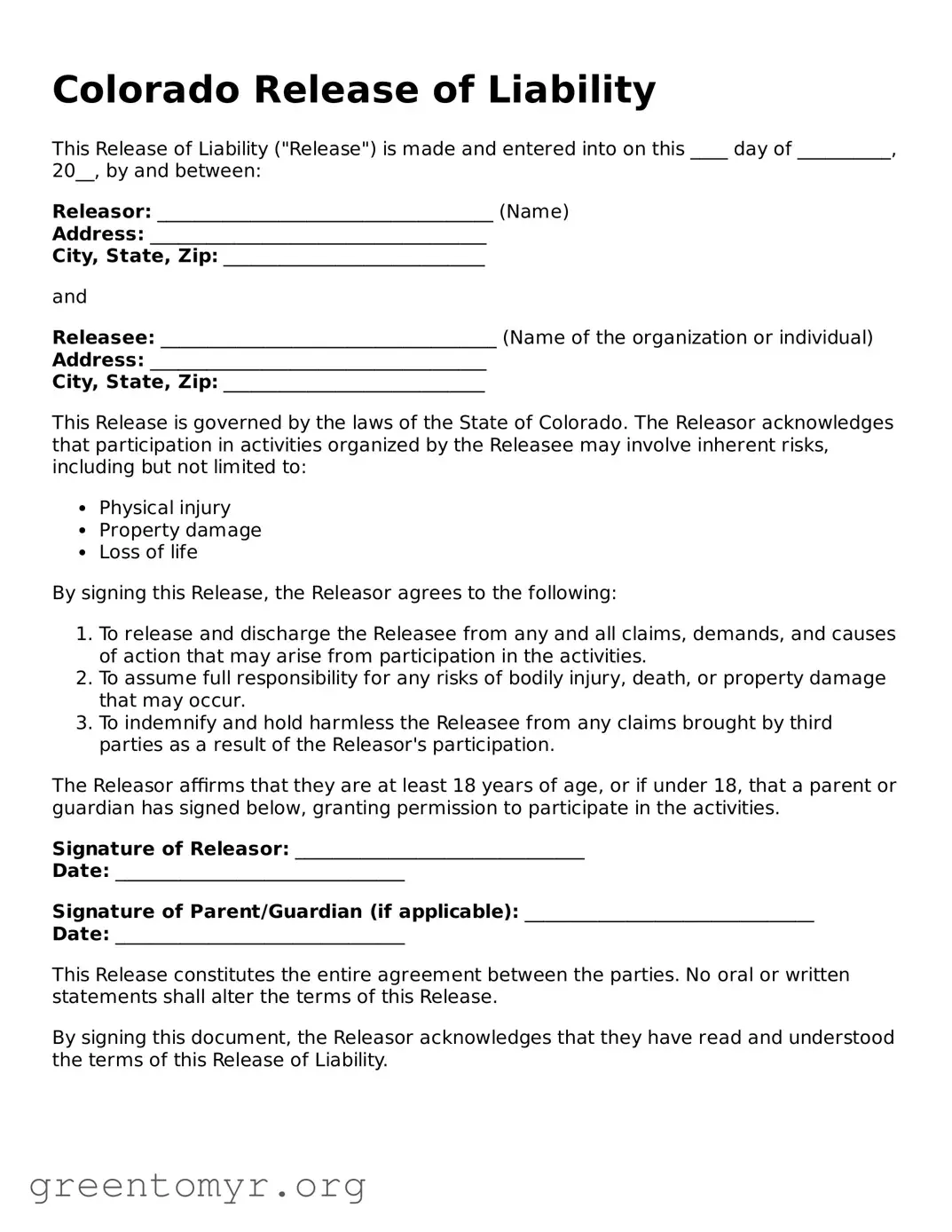 Release of Liability Form for the State of Colorado