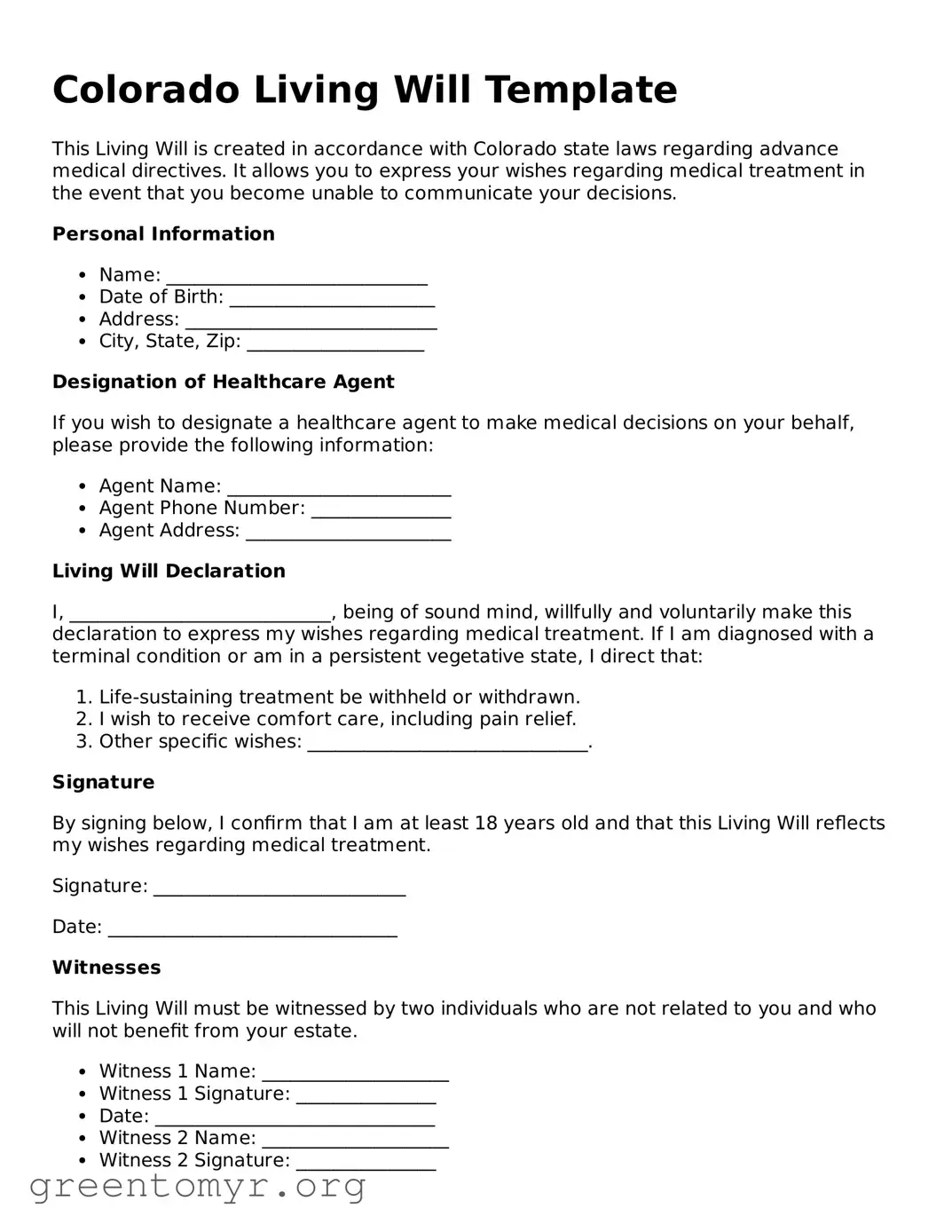 Living Will Form for the State of Colorado