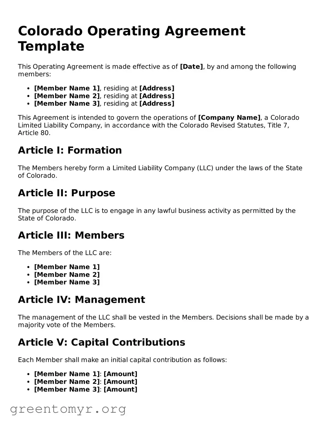 Operating Agreement Form for the State of Colorado