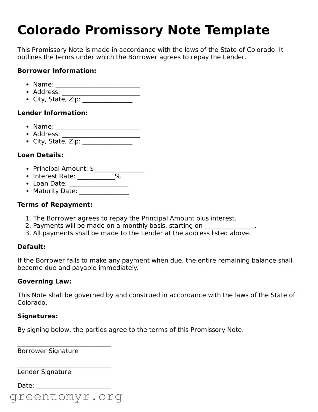 Promissory Note Form for the State of Colorado