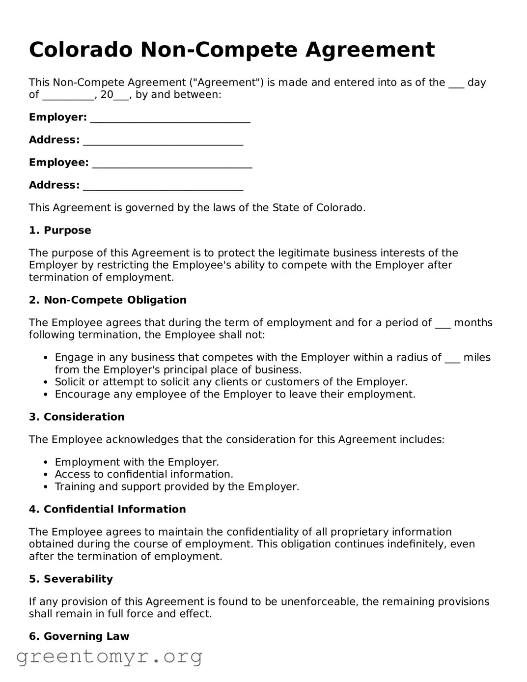 Non-compete Agreement Form for the State of Colorado