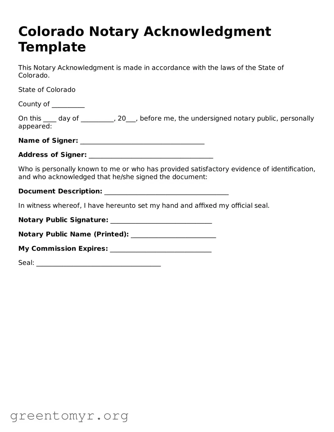 Notary Acknowledgement Form for the State of Colorado